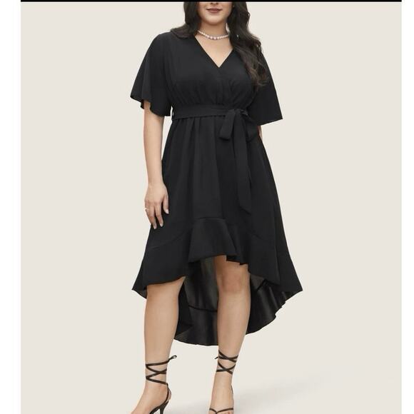 5X 28 Plus Size Black BloomChic Solid Tie Surplice Ruffle High Low Dress - Picture 5 of 7